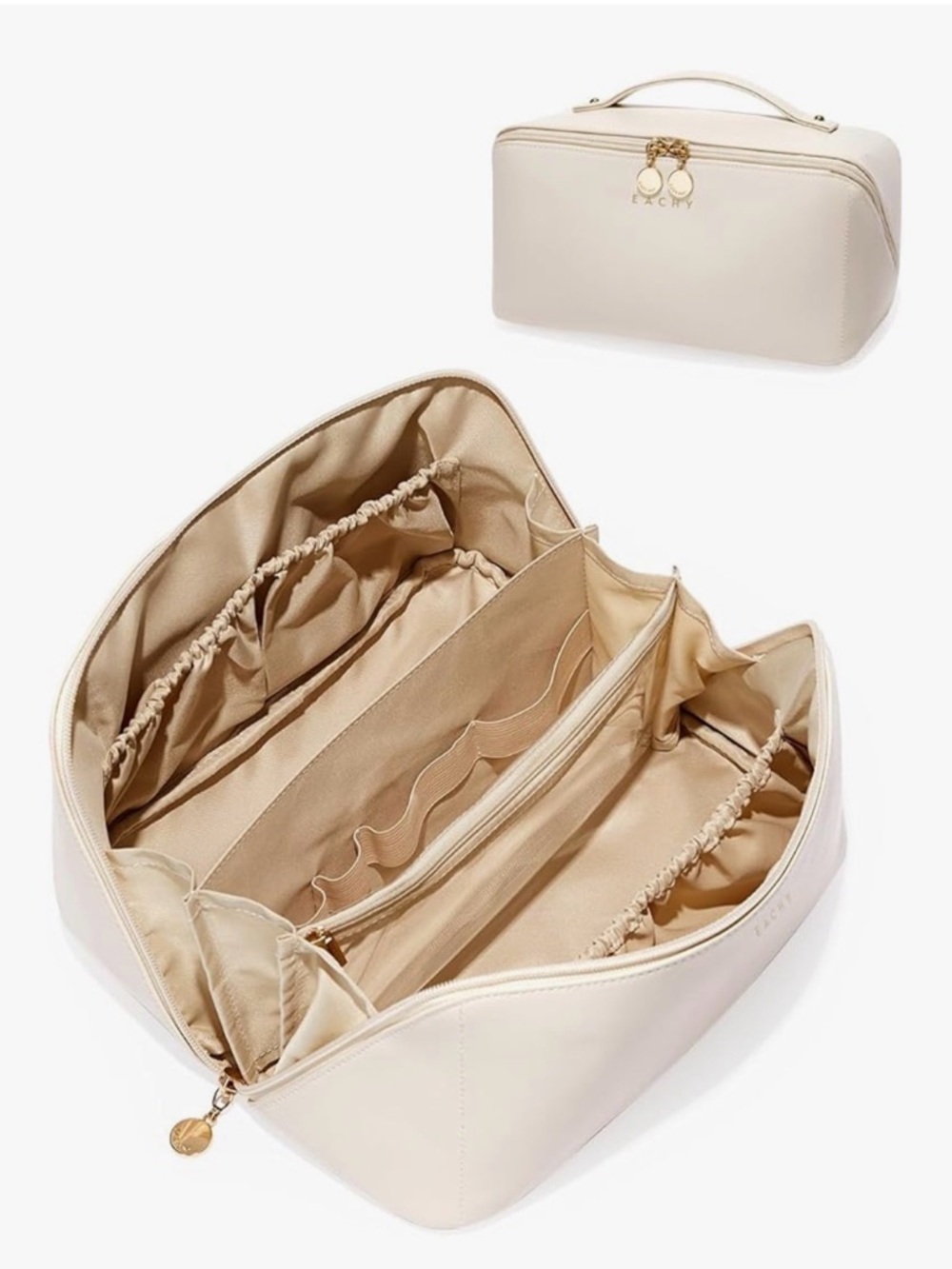 NWT Eachy Make-up/Toiletry Bag, Ivory w/Gold Accents, 10" Expandable Opening
